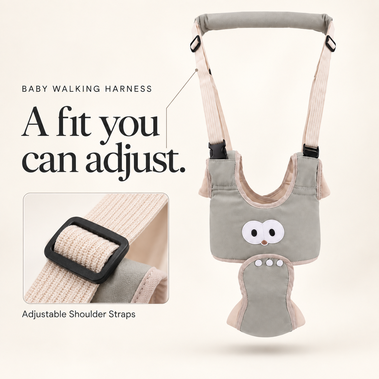 Gray harness illustration highlighting the strap-length adjuster