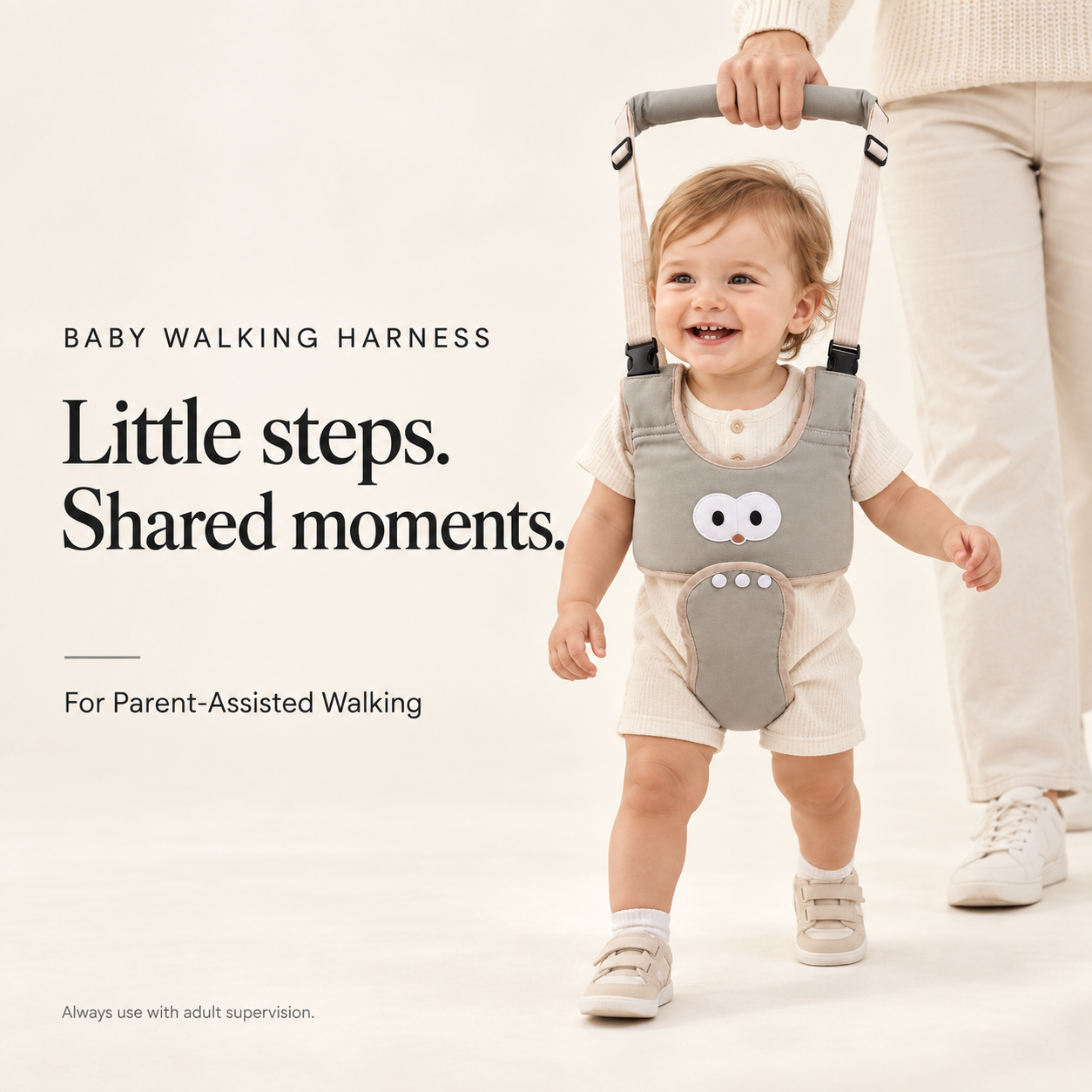 Illustrative adult-assisted walking scene with Gray harness, not an instruction guide